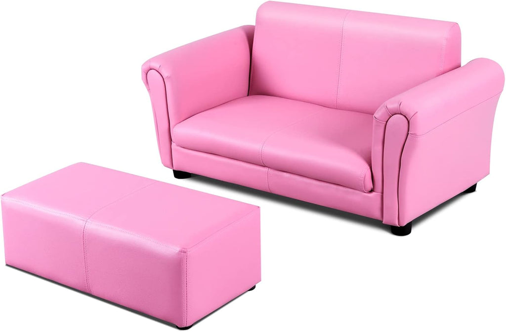 INFANS 2 Seat Children Sofa with Footstool, Sturdy Wood Construction, Armrest Couch for Preschool Kids, Kid Couch Lounge Bed with Ottoman