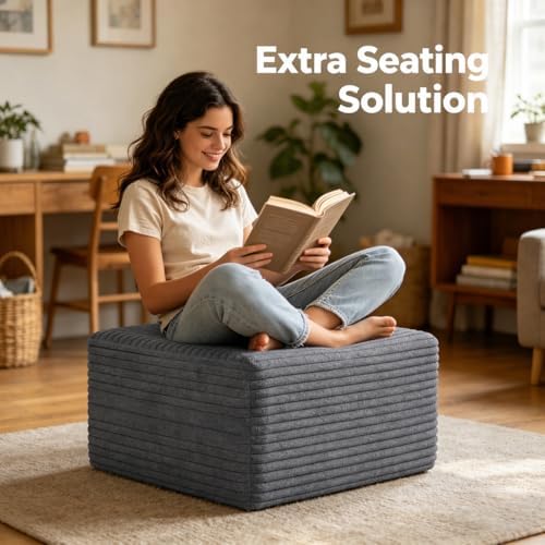 25.6" Corduroy Ottoman for Living Room,Plush Upholstered Ottoman for Couch,Memory Foam Compressed Sofa in A Box No Assembly Require,Dark Grey