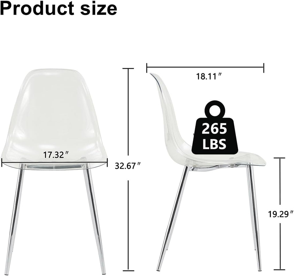 Clear Acrylic Dining Chairs Set of 6, Armless Modern Side Chairs with Transparent Seat, Ergonomic Backrest and Chrome Metal Legs, Kitchen Chairs for Dining Room, Living Room