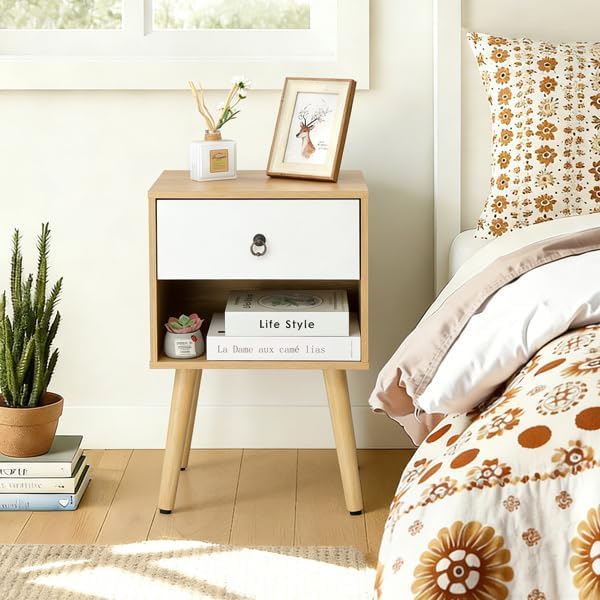 Mid-Century Modern Nightstand with Drawer and Open Shelf, Bedside Table with Solid Wood Legs and Adjustable Feet, Linen-Textured Side Table for Bedroom and Living Room, Oak & White (1 Pack)