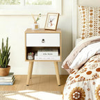 Mid-Century Modern Nightstand with Drawer and Open Shelf, Bedside Table with Solid Wood Legs and Adjustable Feet, Linen-Textured Side Table for Bedroom and Living Room, Oak & White (1 Pack)