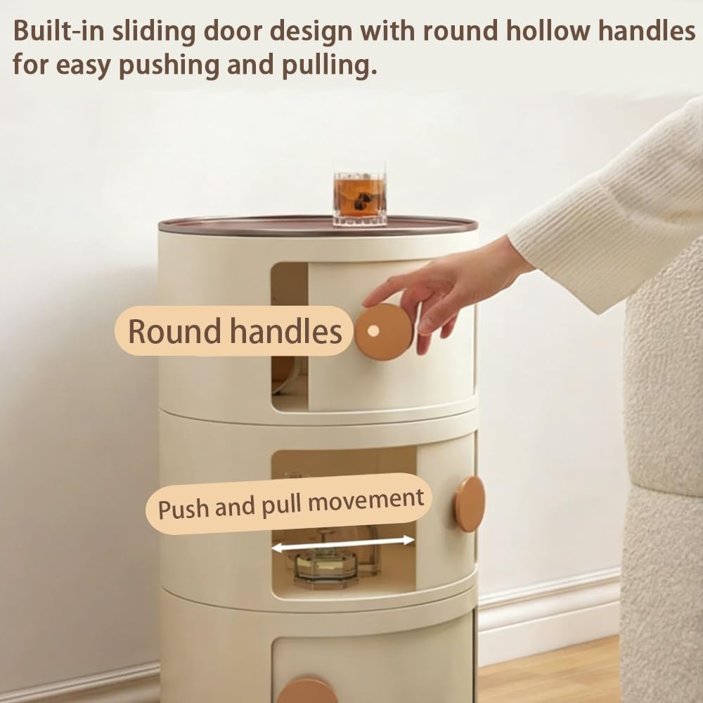 Minimal Style Bedside Table, Stylish Round Storage Cabinet, Creative Plastic Side Table with Doors, Atmospheric Multi-Layer Bathroom Storage Cabinet(White,58cm/22.8in)
