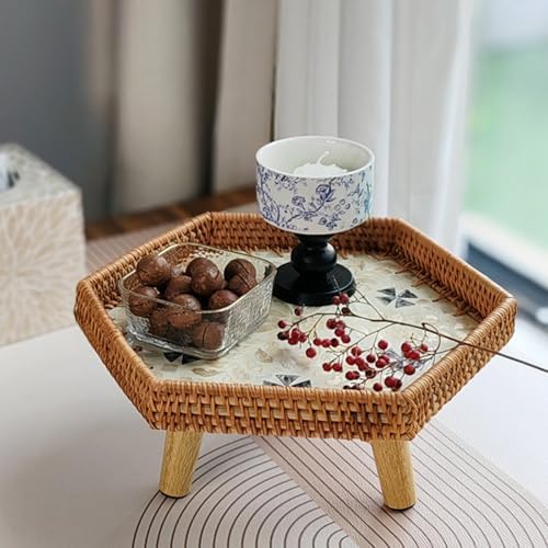 Hand Woven Rattan Serving Tray Table with Wooden Legs, Stylish Low Table for Living Room & Bedroom, Tea Time, 66lbs Capacity, Blue, 34x30cm (13x12in)