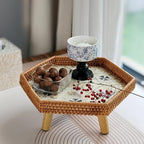 Hand Woven Rattan Serving Tray Table with Wooden Legs, Stylish Low Table for Living Room & Bedroom, Tea Time, 66lbs Capacity, Blue, 34x30cm (13x12in)