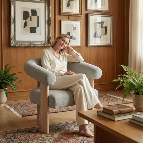 VKNOW Barrel Accent Chairs Set of 2 with Armrests and Rubberwood Legs | Mid Century Modern Upholstered Living Room Chairs with Open Back, Chenille Fabric, for Living Room, Bedroom, Light Gray