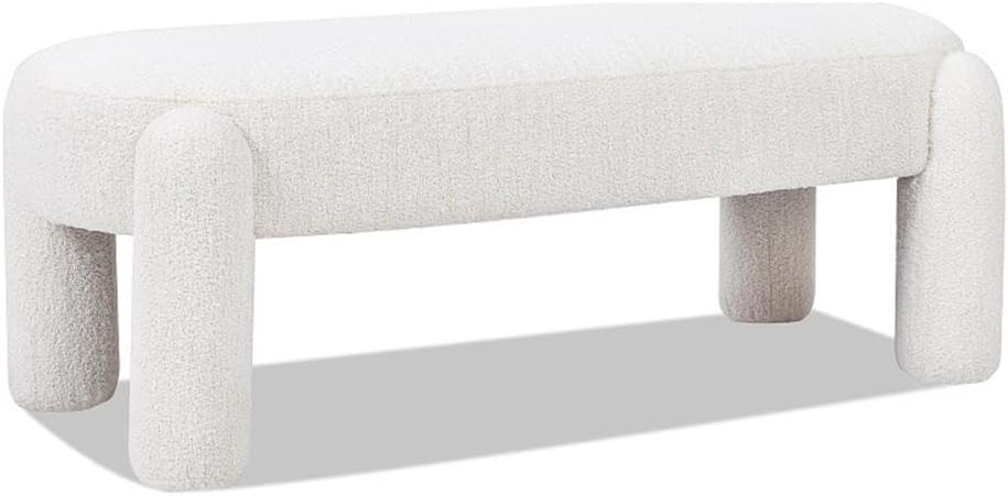 Pemberly Row 49" Oval Fully Upholstered Bench, Milk Cream White Boucle, Eucalyptus Wood Frame, Contemporary Rounded Dowel Legs, Textured Seat for Living Room, Bedroom, or Kids Room