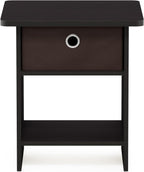 Furinno Dario Side Table with Bin Drawer, Black End Table with Open Shelves, Night Stand, Bedside Table for Living Room, Bedroom, Home Office, Dark Mocha