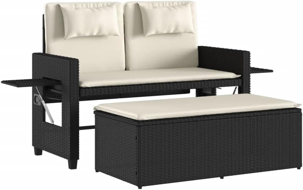 Outdoor Garden Bench with Adjustable Armrests, 2-Seater Patio Loveseat with Footstool and Washable Cushions, Collapsible Synthetic Poly Rattan Furniture for Backyard Balcony Deck