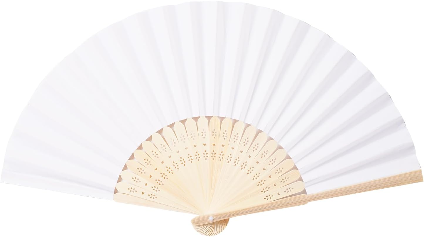 Sepwedd 50pcs White Paper Hand Fan Bamboo Folding,Handheld Paper Folded for Wedding Party and Home Decoration