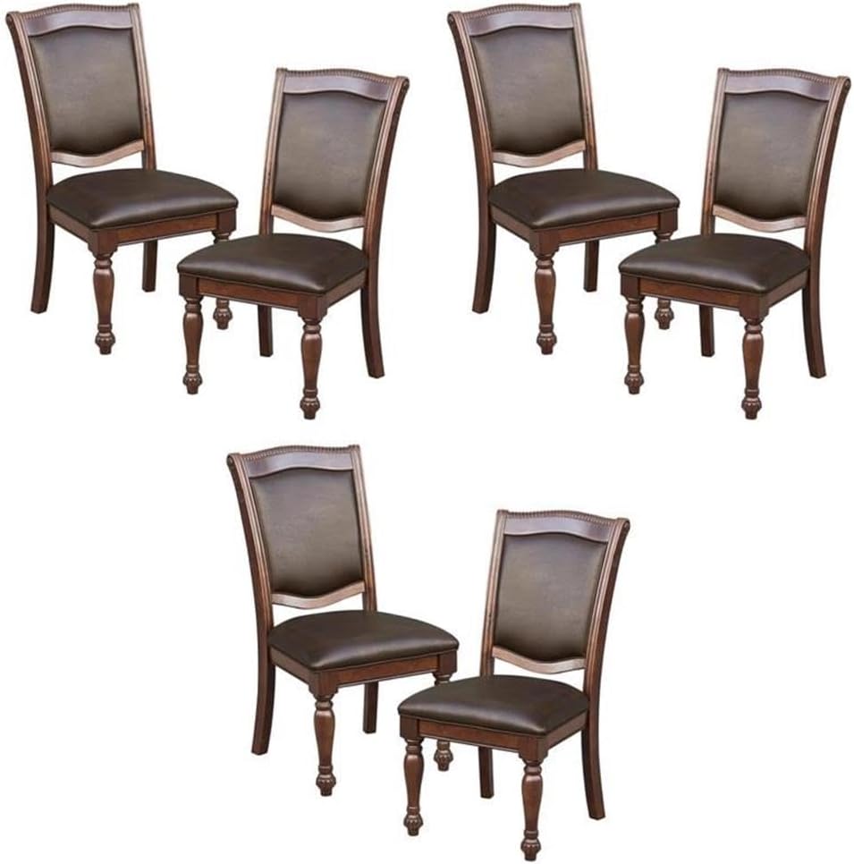 Pemberly Row Wood Dining Chairs Set of 6 in Brown Cherry Finish with Faux Leather Upholstery, Traditional Style Side Chairs for Dining Room with 19'' Back