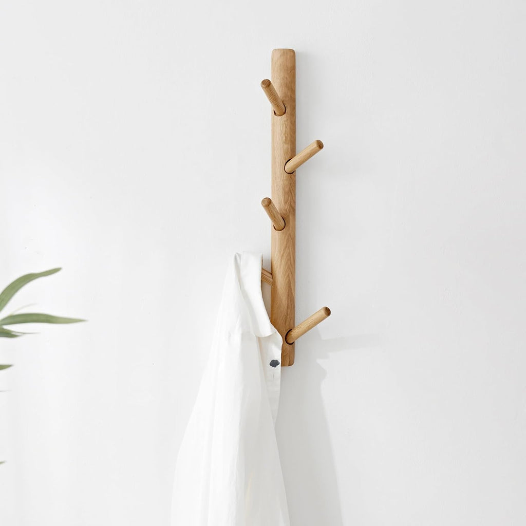 Vertical Coat Rack Wall Mounted - Height 20 Inches, Oak Wood Vertical Hat Rack for Wall with 5 Hooks, Modern Coat Rack Tree for Hanging Hats, Jackets, Bags in Entryway Bedroom Office