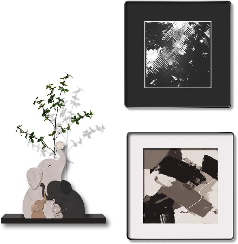 3-piece Bohemian gallery wall decoration set, 2 high-definition crystal porcelain frame abstract prints+wooden elephant sculptures+artificial green plants, soft black border frame, minimalist wall art for living room and bedroom entrances