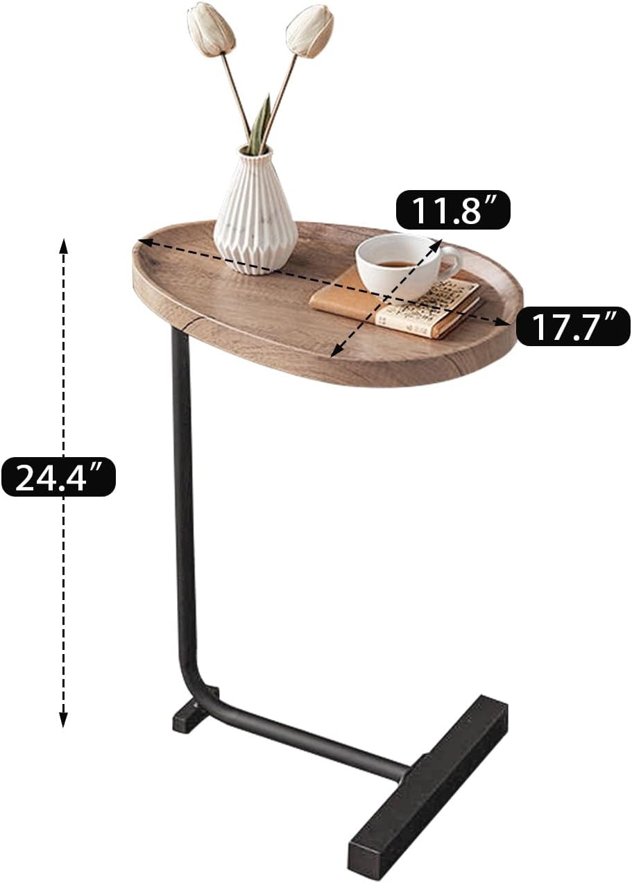 LUCKYERMORE C Shaped End Table,Sofa Side Table with Metal Base,Large Circular Tray Wood Top,Easy Install Heavy Duty Side Table,TV Tray for Couch Sofa,17.7 * 11.8 * 24.4inches