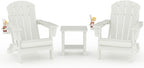 GarveeLife Folding Adirondack Chair Set of 2 with Side Table, All-Weather HDPE Outdoor Chair, Wooden Textured with Cup Holder for patios, Decks, Gardens, fire pits, White