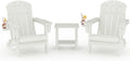 GarveeLife Folding Adirondack Chair Set of 2 with Side Table, All-Weather HDPE Outdoor Chair, Wooden Textured with Cup Holder for patios, Decks, Gardens, fire pits, White