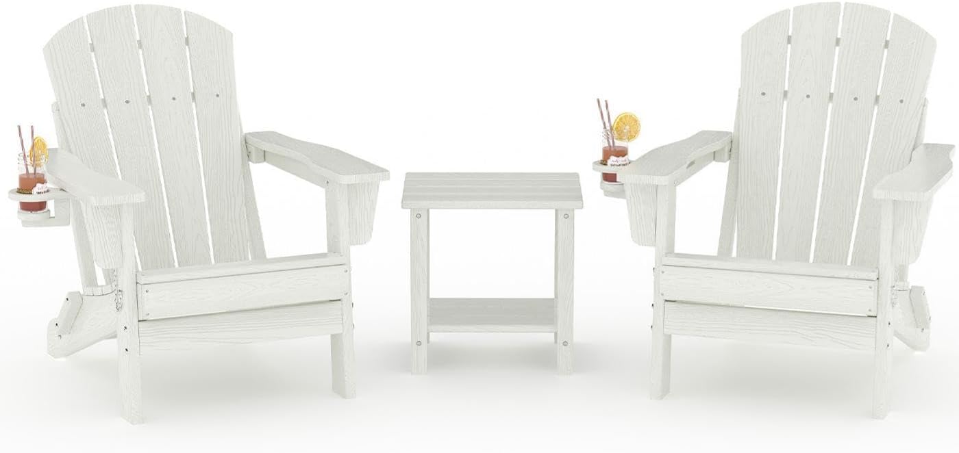 GarveeLife Folding Adirondack Chair Set of 2 with Side Table, All-Weather HDPE Outdoor Chair, Wooden Textured with Cup Holder for patios, Decks, Gardens, fire pits, White