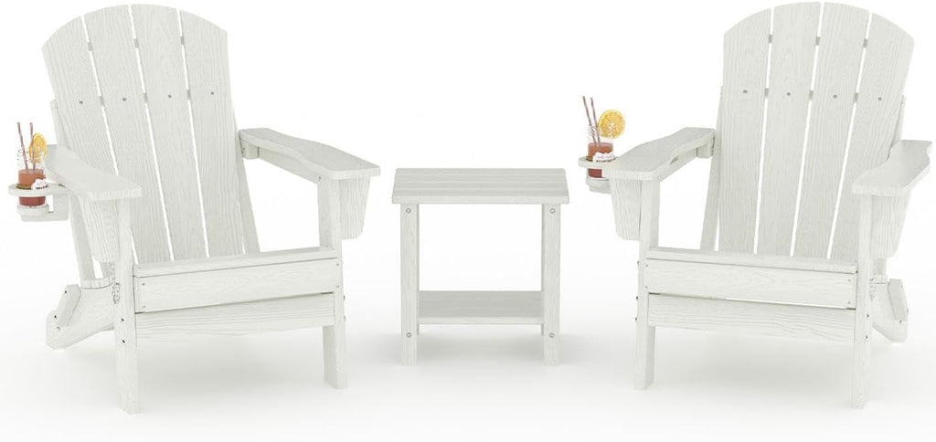 Garvee Folding Adirondack Chair Set of 2 with Side Table, HDPE Outdoor Patio Chair with Cup Holder, All Weather Resistent Wooden Textured for patios, Decks, Gardens, fire Pit, White