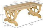 Wooden Garden Bench for Two People with Wagon Wheel Design, Rustic Outdoor Porch Seating for Backyard and Patio Use
