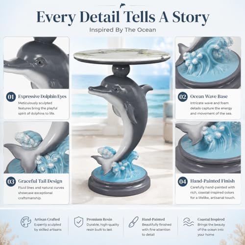 Luxury Dolphin Side Table, White Faux Marble Top Accent End Table, Decorative Animal Sculpture Furniture for Living Room, Bedroom, Entryway Home Decor