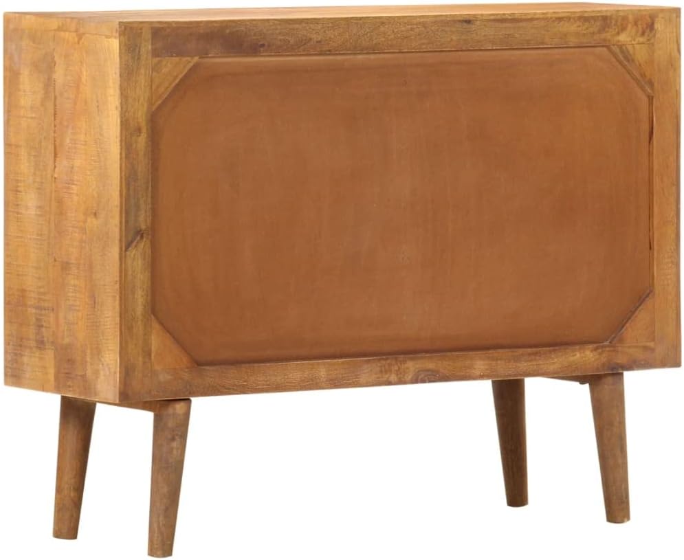 Mid-Century Modern Sideboard with Six Drawers, Solid Mango Wood and MDF Construction, Brown Lacquered Finish with Geometric Printed Patterns, Ample Storage for Dining