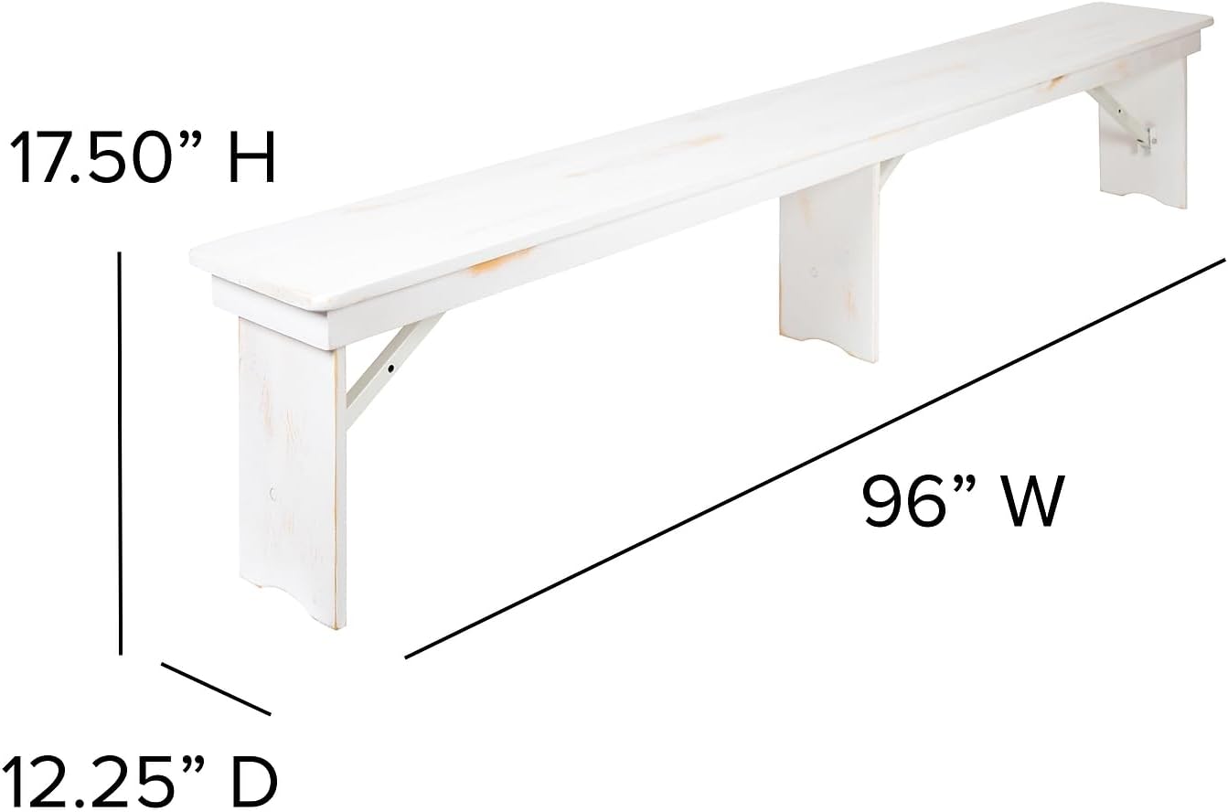 Flash Furniture Hercules Commercial Grade Farmhouse 3 Leg Bench - Solid Pine Foldable Bench with Seating for 4 - 8'x12" - Antique Rustic White