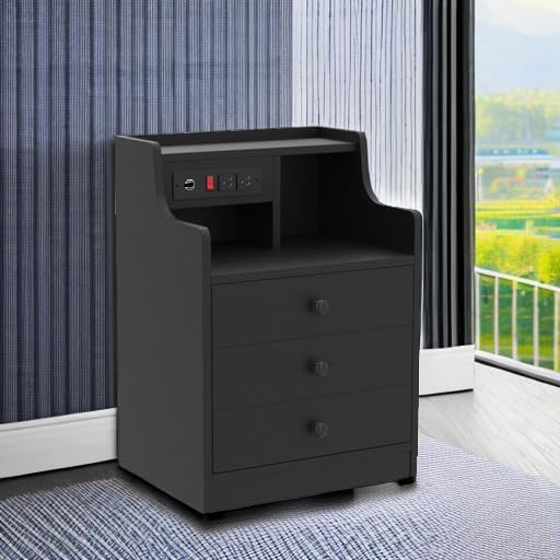 ADORNEVE Black Nightstand with Charging Station & Drawers | Night Stand for Bedroom,End Table with Hutch & 3 Storage Drawers