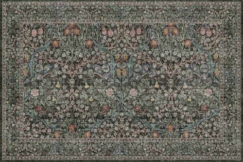 Dark Green Washable Entry Rug - Front Door Throw Rugs Indoor, Non-Slip Bathroom Small Rugs, Vintage Floral Thin Rug for Kitchen, Boho Entryway Décor (2x3 Dark Green)