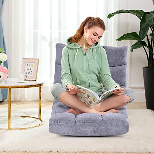 Giantex Floor Chairs for Adults - Floor Gaming Chair with Back Support, 14 Adjustable Position, Coral Velvet Cover and Thick Sponge Padding, Floor Seating Lounge for Reading, Watching TV (Silver Grey)