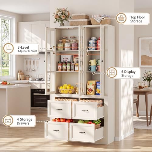 80" Modular Kitchen Pantry Cabinet, 2-in-1 Freestanding Tall Pantry Cabinet with Glass Doors & Adjustable Shelves, Large Hutch Storage Cabinet for Kitchen & Living Room (2, White, AB)