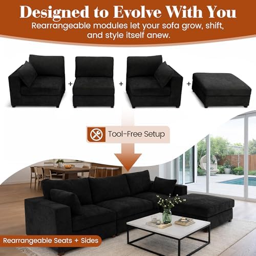 151" Oversized Sectional Sofa Set, Extra Large Modular Couch with Ottoman, Upholstered Linen Cloud Couch Deep Seat Sofa Cushion Covers Removable for Living Room (6 Seater U Shaped Black)