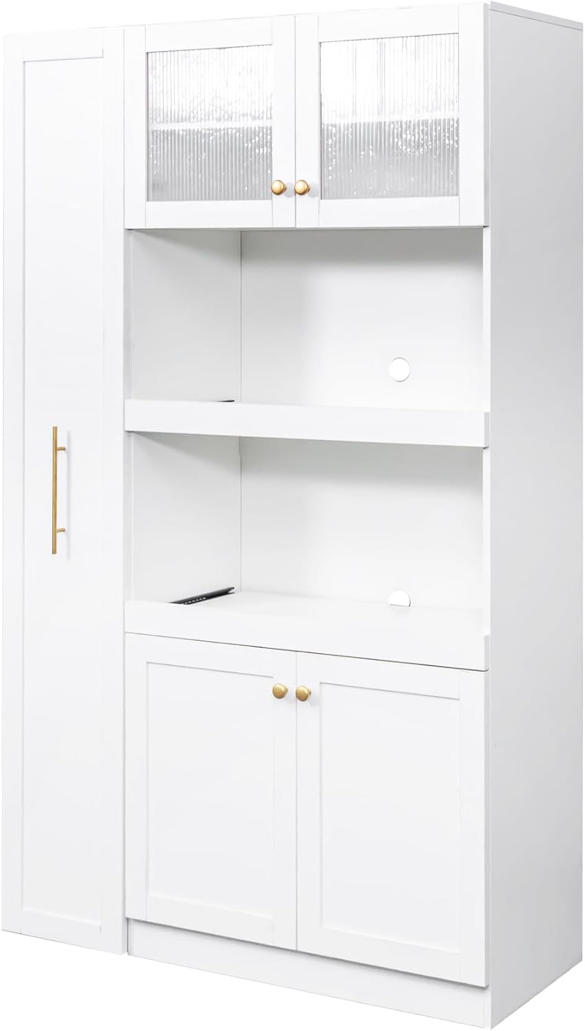 LUMISOL Farmhouse Kitchen Pantry Cabinet with Pull-Out Multi-ttier Storage Shelf, Kitchen Storage Cabinet with 4 Doors, Pantry Organizers for Living Room Dining Room, White