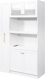 Kitchen Pantry Cabinet with Multi-Functional Pull-Out Multi-Tier Storage Shelf,Farmhouse Storage Cabinet with 4 Doors,Pantry Organizers for Kitchen,Dining Room, White