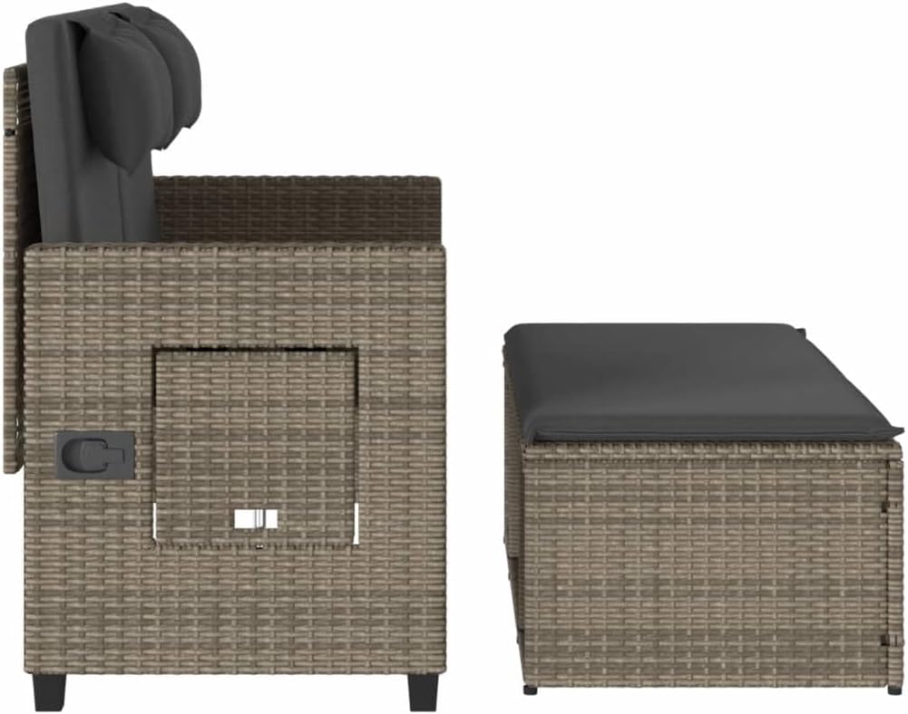 Garden Bench Grey PE Rattan, Powder-Coated Steel, Polyester Medium,Reclining Garden Bench with Adjustable Armrests | WeatherResistant Poly Rattan | Outdoor & Indoor Use Patio Furniture