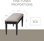 Maven Lane Elizabeth Traditional Wooden Upholstered Bench, Padded Seat for Kitchen Dining Room Table or Entryway in Antiqued Black Finish