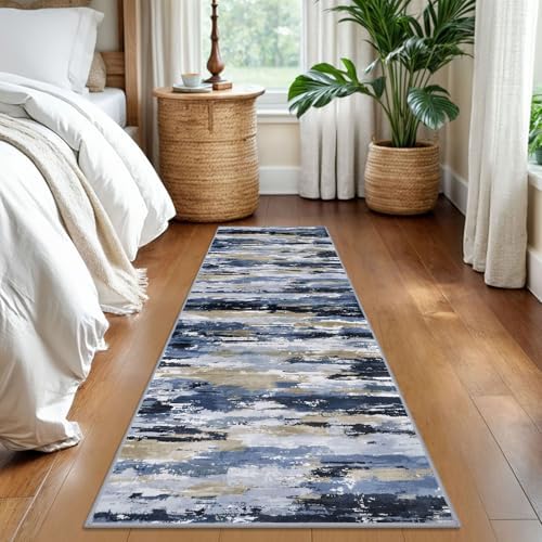 Abstract Washable Runner Rug 2x6 Runners for Hallways, Non-Slip Kitchen Runner Printed Faux Wool Entryway Runners Indoor, Soft Thin Floor Carpet for Entry Bedroom, Navy Blue Multi