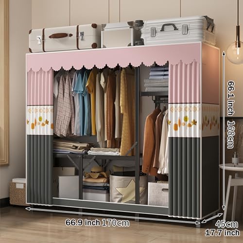 Folding Wardrobe,Fabric Cabinet,Foldable Coat Rack with Clothes Rails,Cloth Wardrobes for Bedroom Single,Canvas Folding Wardrobe Storage,Pink Gray