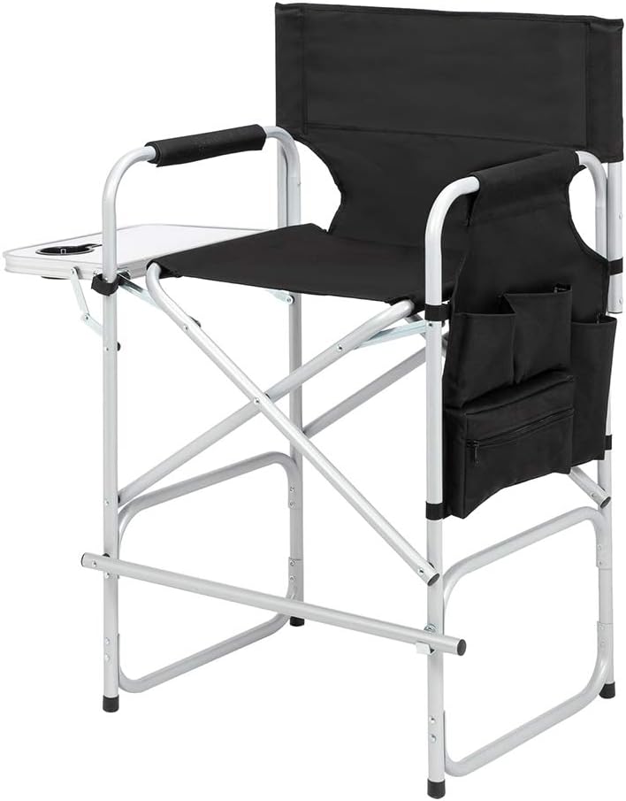 26.5" High Folding Directors Chair with Footrest, Side Table & Cup Holders - Portable for Camping, Fishing, Makeup Studios, and Indoor/Outdoor Use (Black)