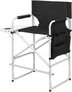 26.5" High Folding Directors Chair with Footrest, Side Table & Cup Holders - Portable for Camping, Fishing, Makeup Studios, and Indoor/Outdoor Use (Black)