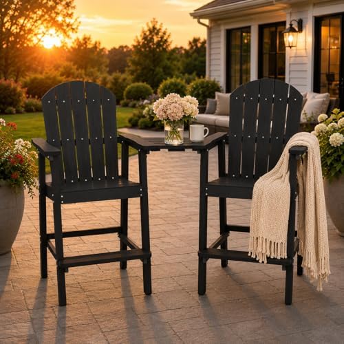 YEFU Tall Adirondack Chairs Set of 2: Oversize Balcony Adirondack Chairs Set - Outdoor Bar Height Barstools Widened Chair with Wood Grain - Weather Resistant for Deck Backyard Yard Poolside Pool
