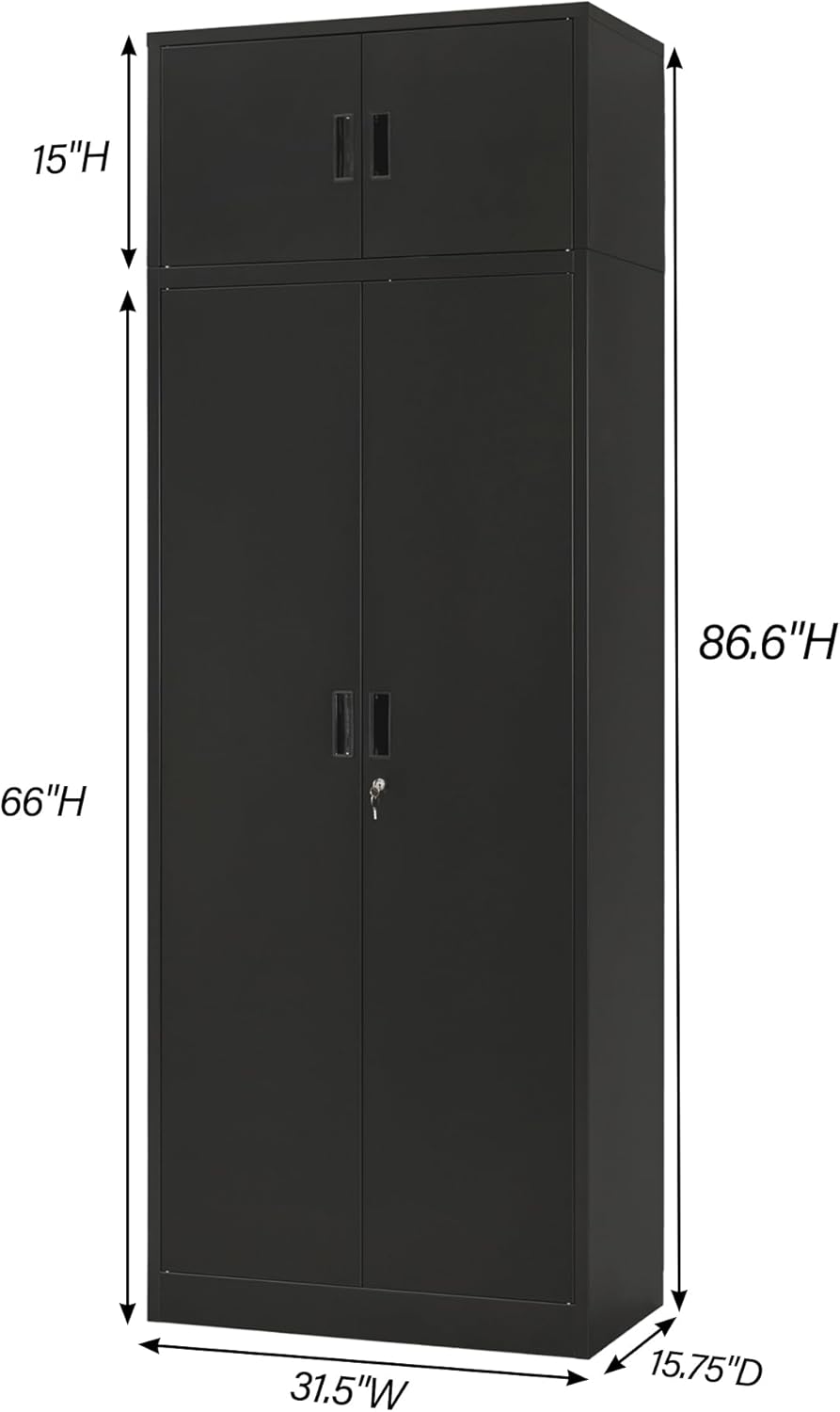 Wanfu Metal Storage Cabinet, 87" H x 32" W x 16" D Locking Storage Cabinets with 4 Adjustable Shelves and Top Cabinet for Office, Garage, Home-Black