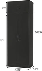 Wanfu Metal Storage Cabinet, 87" H x 32" W x 16" D Locking Storage Cabinets with 4 Adjustable Shelves and Top Cabinet for Office, Garage, Home-Black