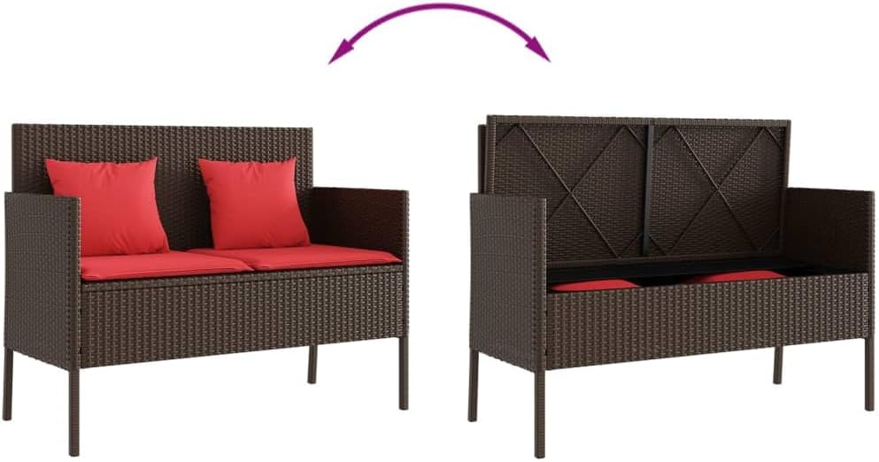 Patio Bench with Cushions, Brown Poly Rattan Outdoor Storage Bench with Waterproof Bag and Thick Cushion