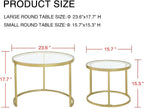 Round Nesting Coffee Table Gold Set of 2 for Living Room, Modern Side Tables with Sturdy Metal Frame and Tempered Glass.Minimalist End Table,Cocktail Table for Dining Room,Home Decor