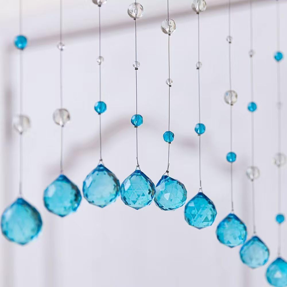 20 Strings Crystal Beaded Curtain, Arched Door String Curtain, Hanging Doorway Room Divider Suitable for Home, Coffee House, Bedroom, Restaurant. (Aqua Blue)