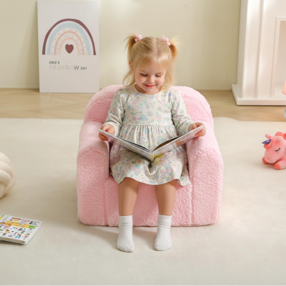 Kids Chair Comfy Toddler, Soft Baby Chair for Boys & Girls, Portable Toddler Reading Armchair with Removable Washable Sherpa Cover, Pink