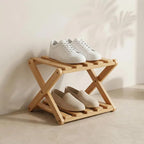 Folding Wooden Shoe Rack, 2-Tier Stackable Shoe Organizer, Natural Wood Shoe Shelf for Entryway, No Assembly Required, Space Saving Footwear Storage Stand for Closet, Bedroom, Living Room