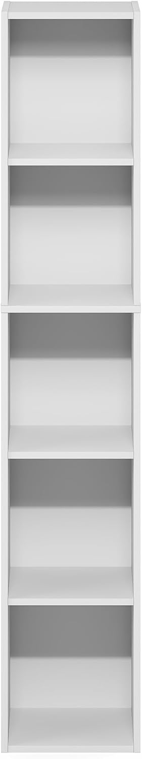 Furinno Fulda Book Shelf, 5-Tier Tall Narrow Bookshelf, Standing Bookcase with 10-in Width Storage Shelf, 9.3 x 9.8 x 51.9, for Organization Storage, for Living Room, Bedroom, Home Office, White