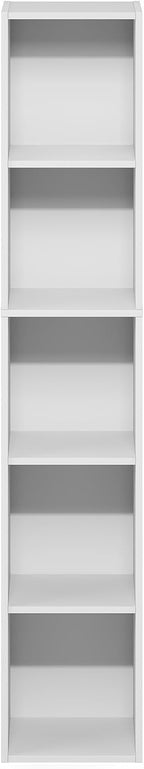 Furinno Fulda Book Shelf, 5-Tier Tall Narrow Bookshelf, Standing Bookcase with 10-in Width Storage Shelf, 9.3 x 9.8 x 51.9, for Organization Storage, for Living Room, Bedroom, Home Office, White