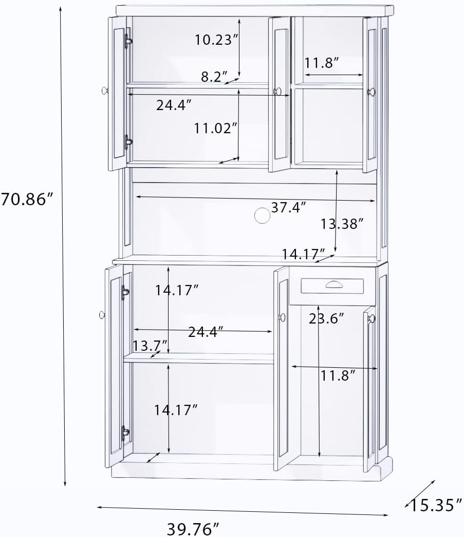 71" Kitchen Pantry Cabinet with Microwave Countertop, Freestanding Storage Hutch with 6 Doors, 1 Drawer & Adjustable Shelves for Dining Room & Kitchen