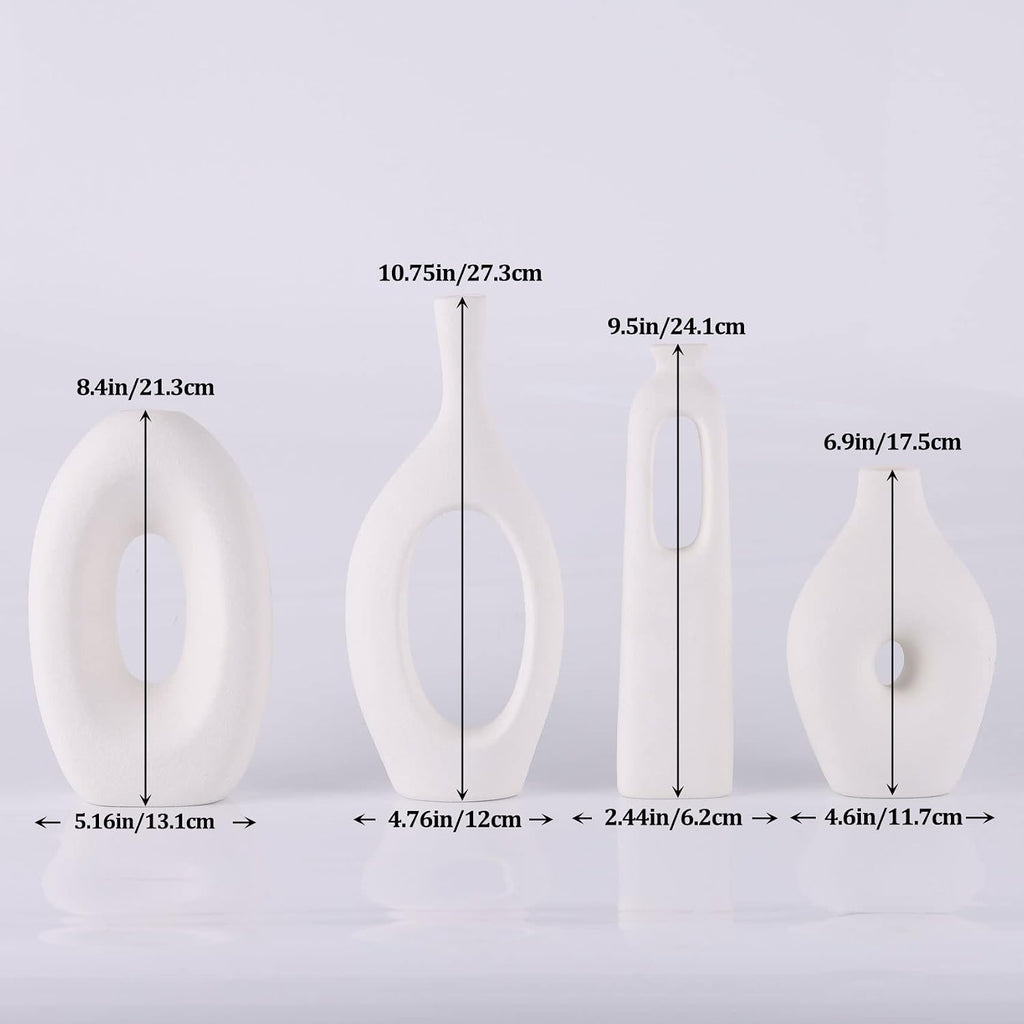 White Ceramic Vase Set of 4 - Round Hollow Boho Vases for Pampas Grass and Flowers Decor, Modern Minimalist Small Vases for Living Room, Bedroom, Fireplace, Coffee Table Decor and Centerpieces
